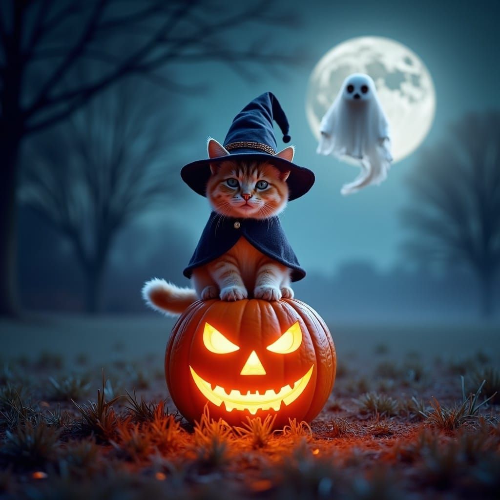 Halloween Cat with Ghost in Fantasy Digital Art