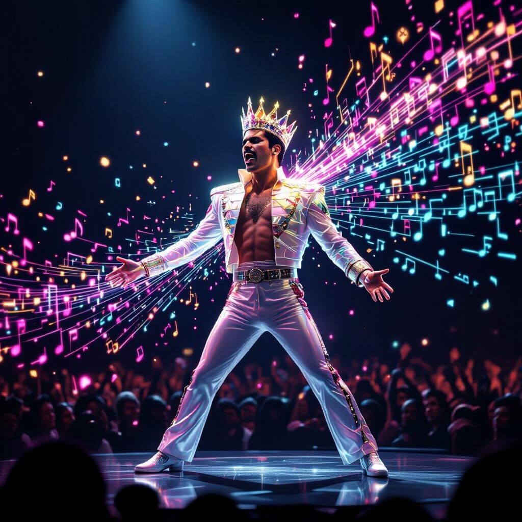 Freddie Mercury Hologram with Cybernetic Crown in Epic Conce...