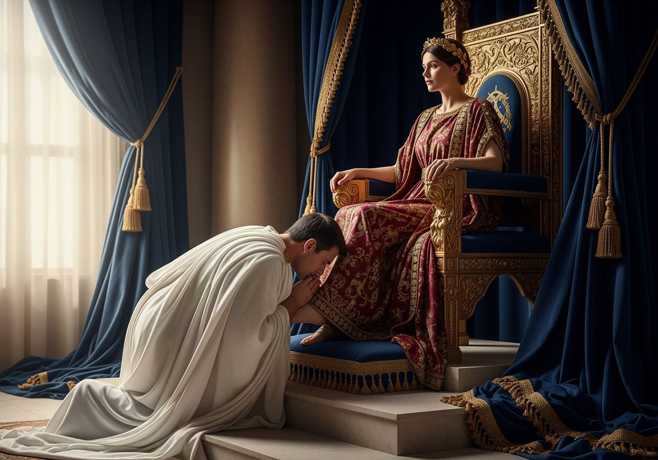Roman Senator Kneels Before Empress on Golden Throne