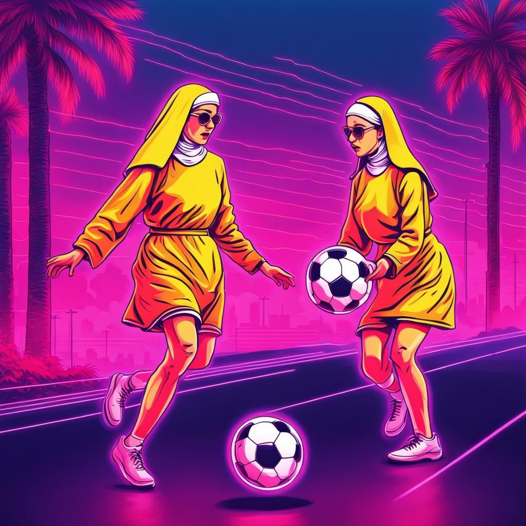 Nuns Play Soccer in Synthwave Neon Style