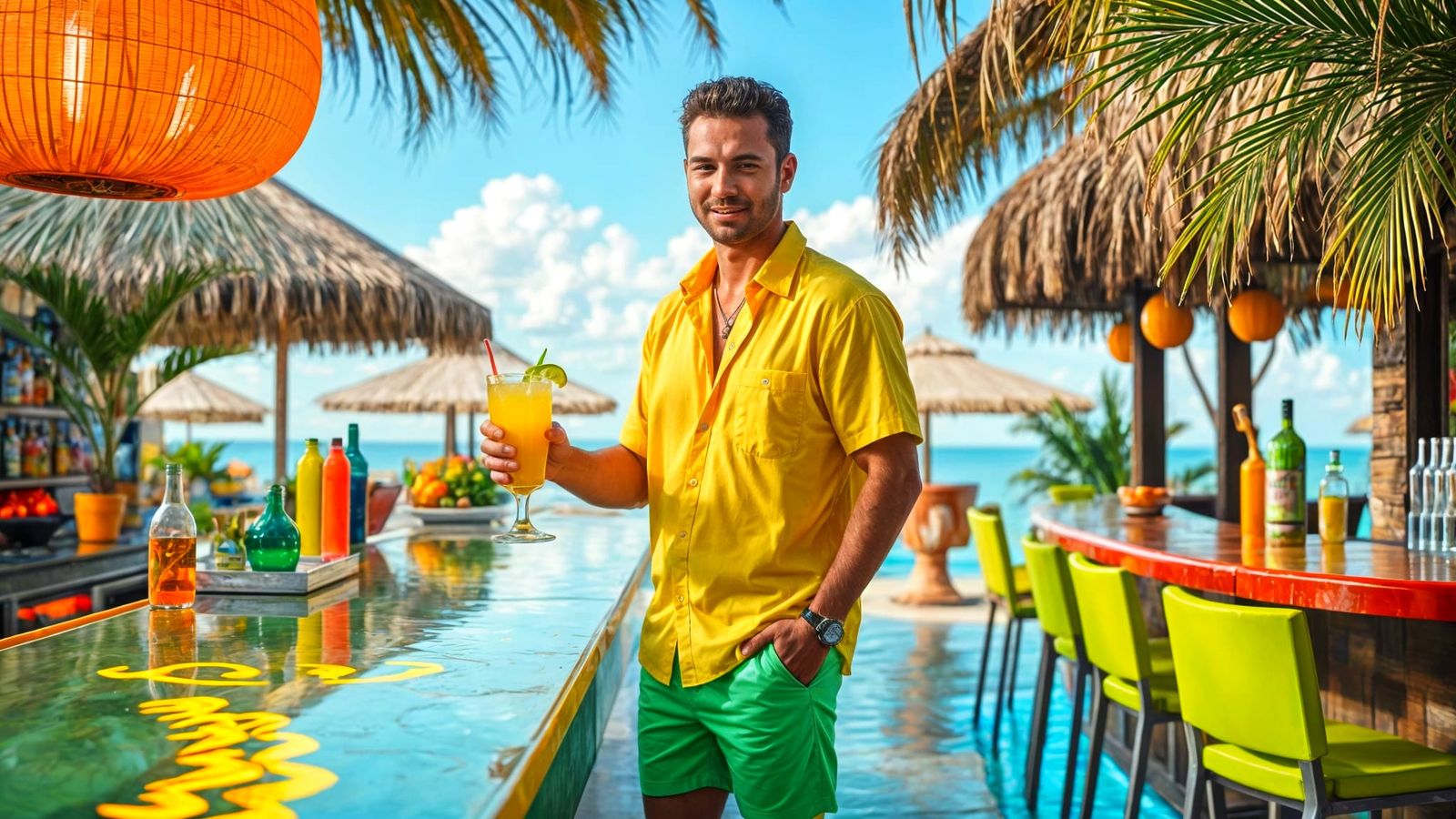 Man in Neon at Tropical Bar, 8K