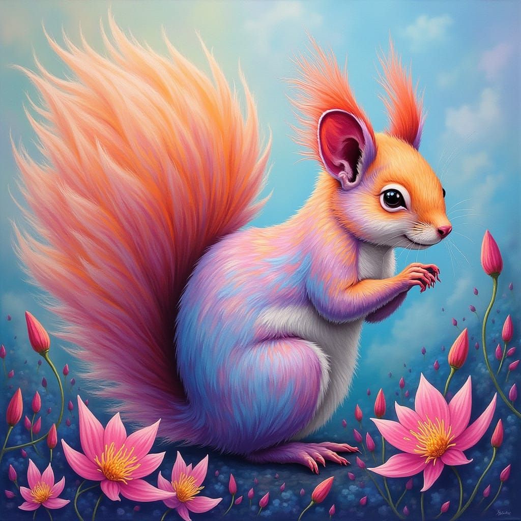 Whimsical Dream Squirrel in a Vibrant Floral Realm