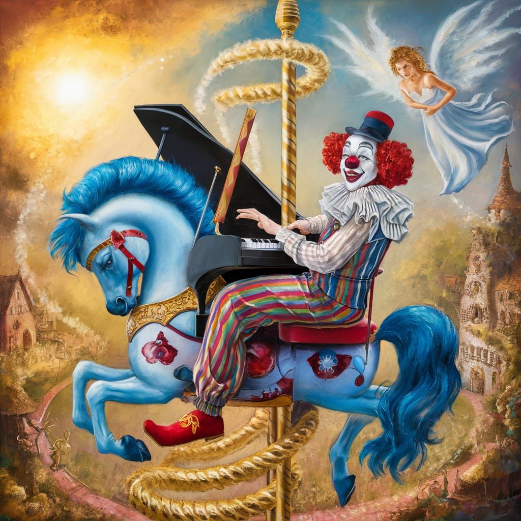 Clown Playing Piano on Carousel Horse in Surreal Style