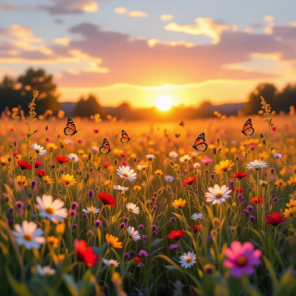 Vibrant Meadow at Sunset in Impressionistic Style