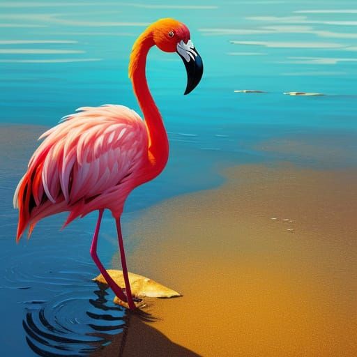 Vibrant Oil Painting of a Flamingo at Lakeside