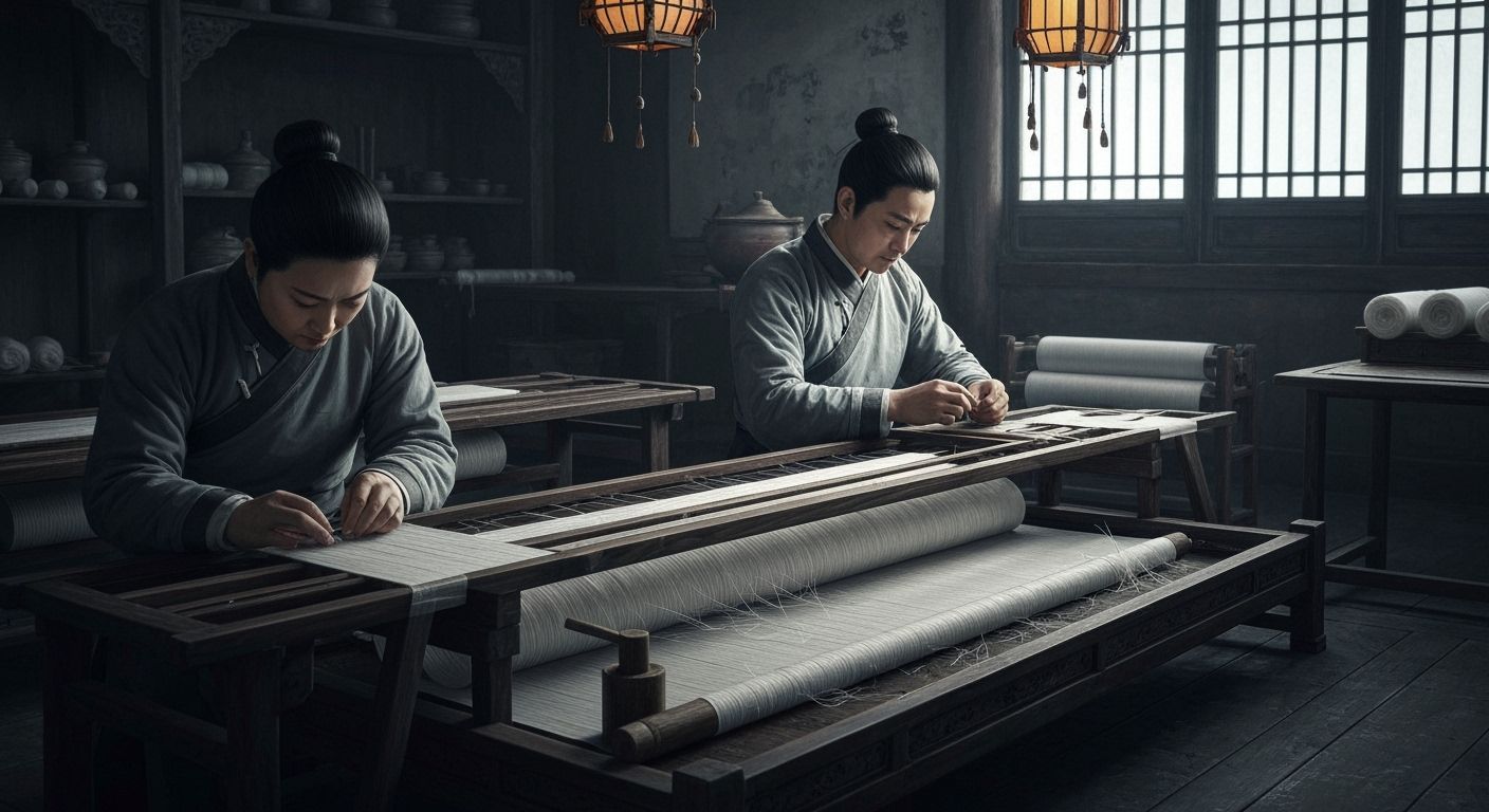 Ancient Chinese Silk Artisans in Realistic Workshop