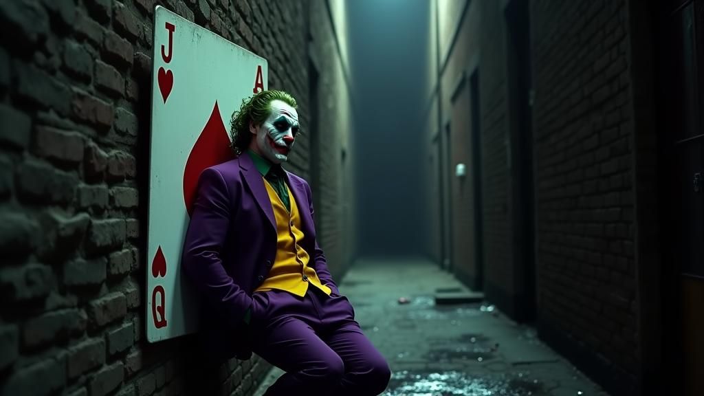 Cinematic Joker Leaning on Playing Card in Alleyway