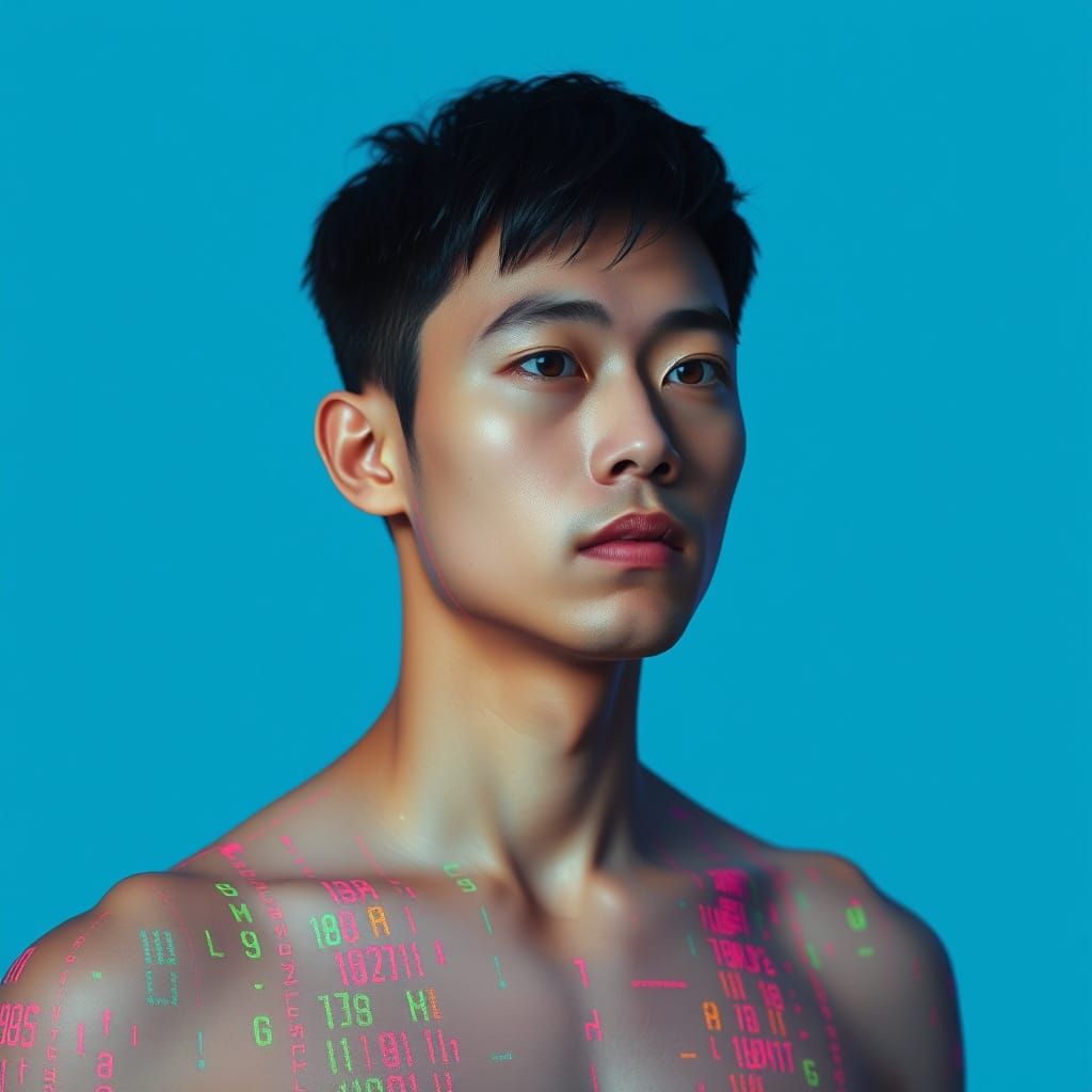 Asian Man with Neon Data Patterns as Digital Art