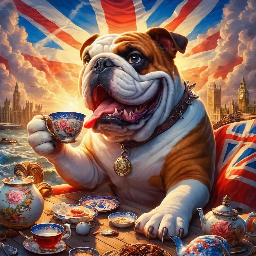 British Bulldog Enjoying Tea in Classic Fantasy Artwork