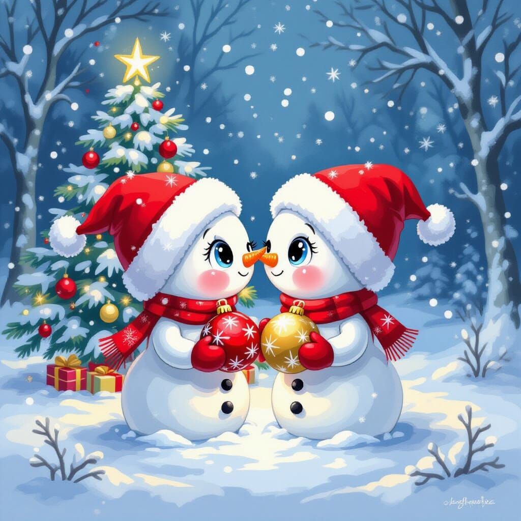 Cute Snowmen Kissing by Christmas Tree in Snowy Clearing