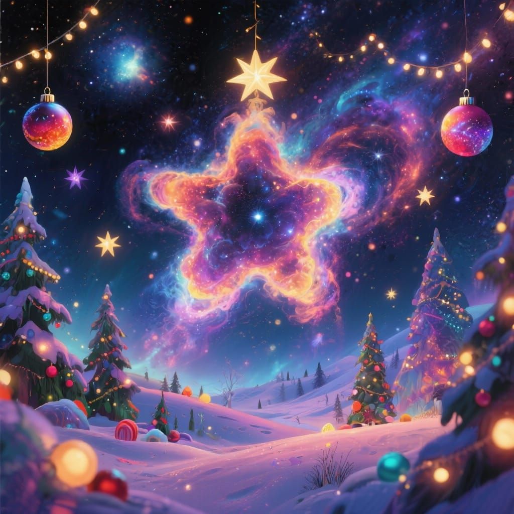 Cosmic Holiday Dreamscape with Celestial Christmas Scene