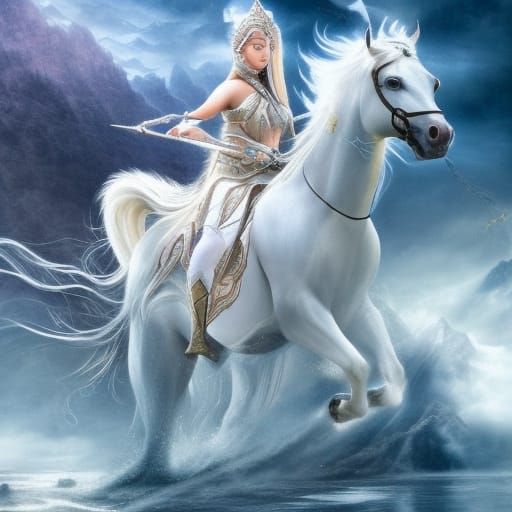 Asian Warrior Princess on White Horse, Fantasy Castle