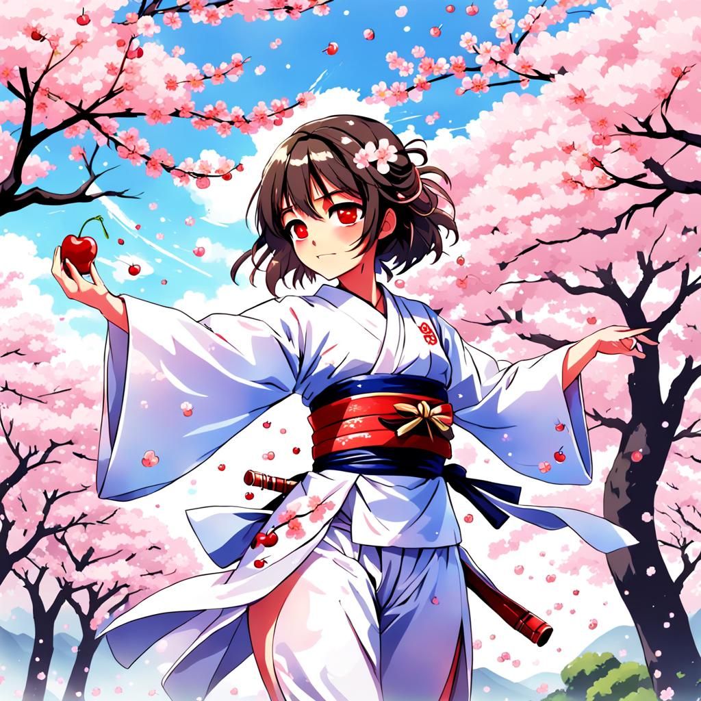 Samurai Woman in Kimono with Cherry Blossoms