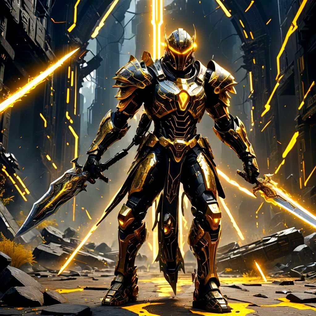 Cybernetic Warrior with Sword and Electric Aura