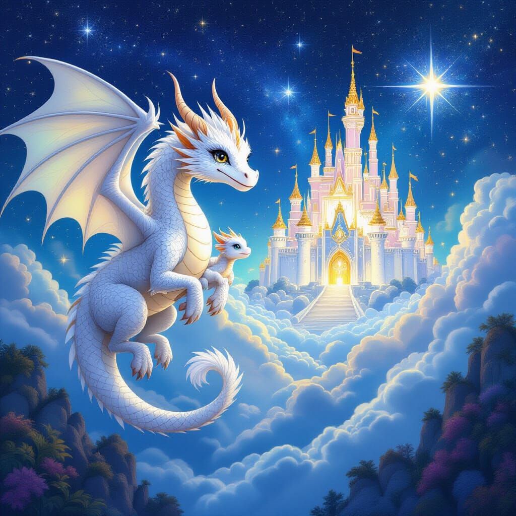 White Dragon Family Approaching Celestial Castle