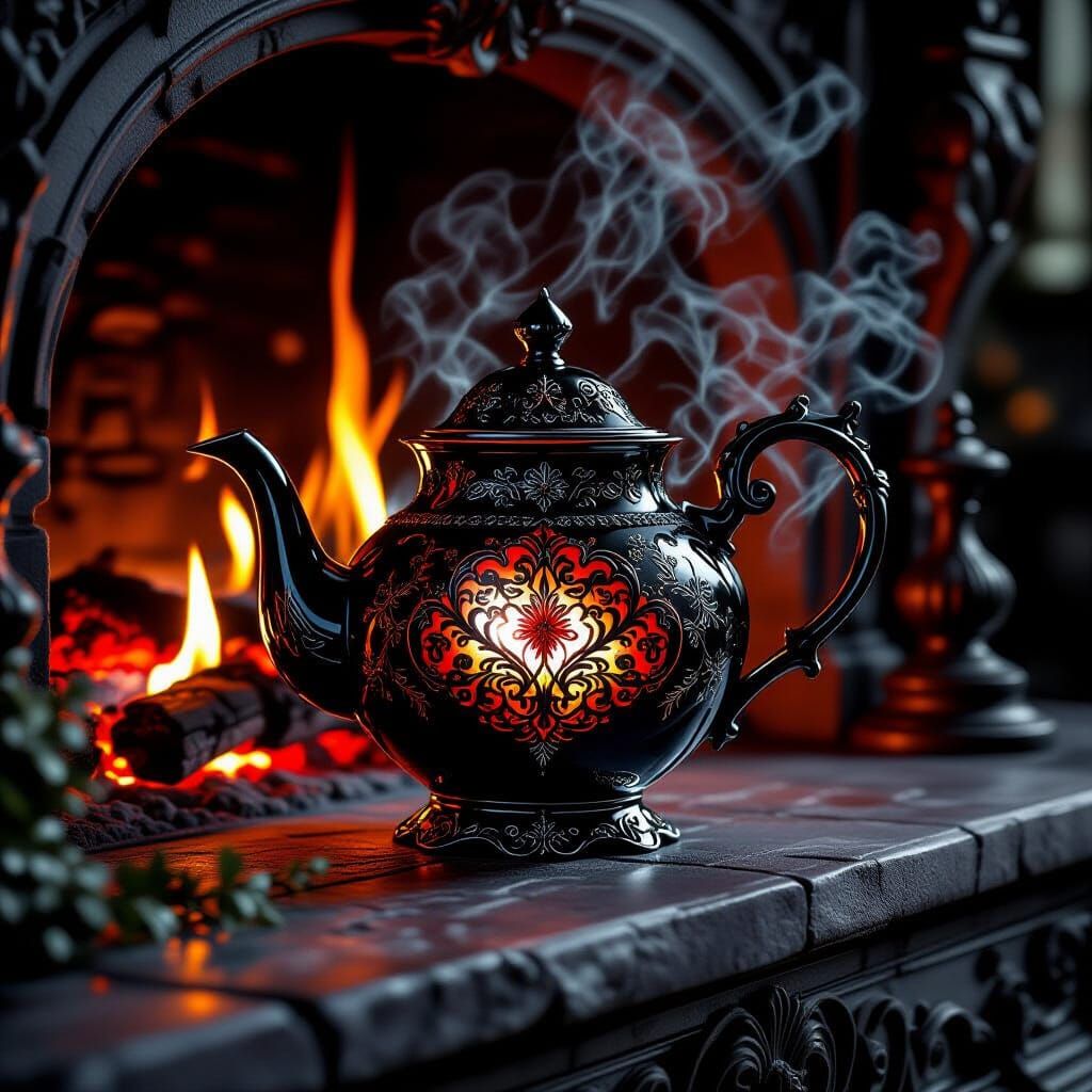 Gothic Teapot on Fireplace in Dark Fantasy Art Style