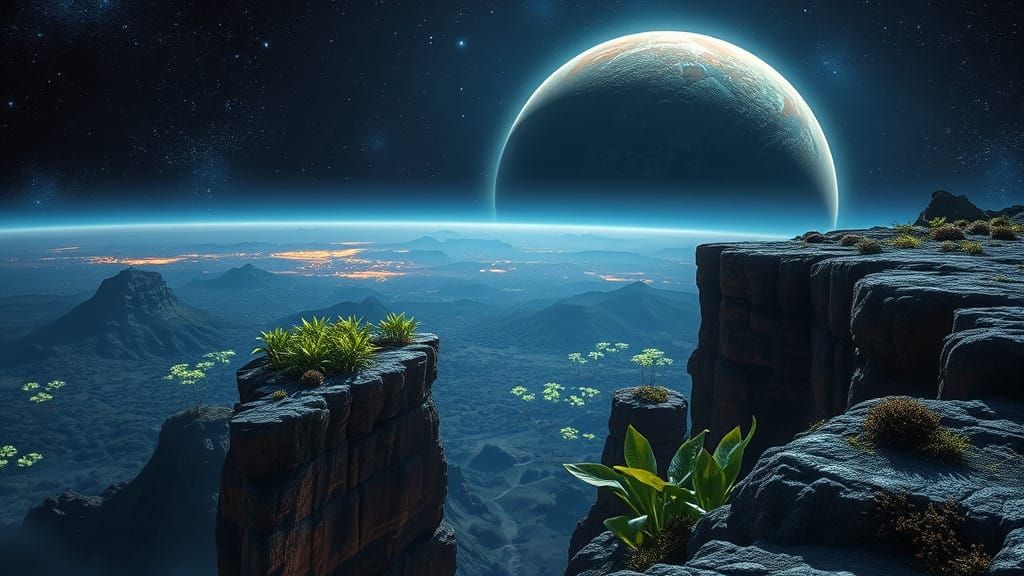 Surreal Scenic View of Alien World Orbiting Gas Giant at Mid...