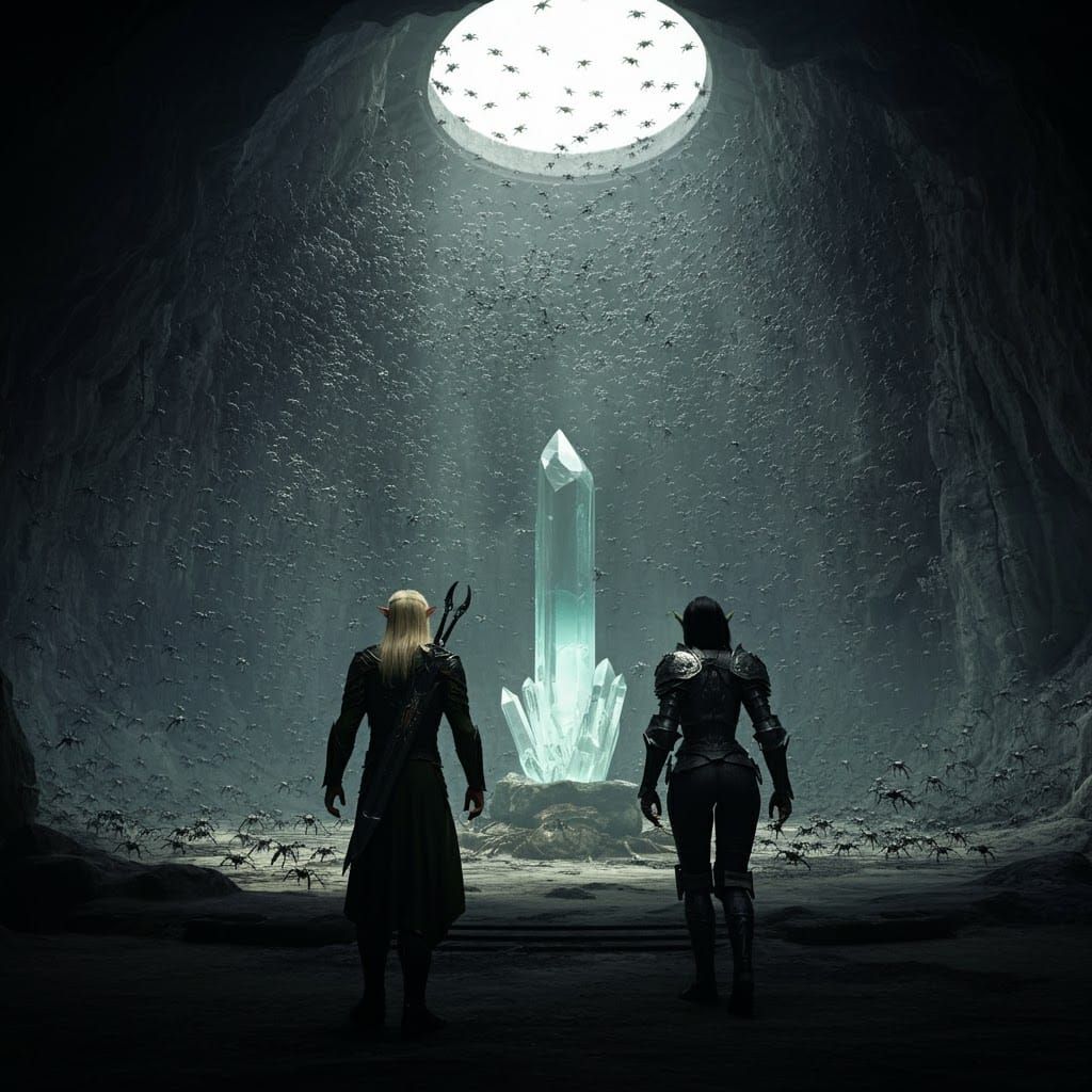 Crystal Cavern Encounter: Fantasy Horror Scene