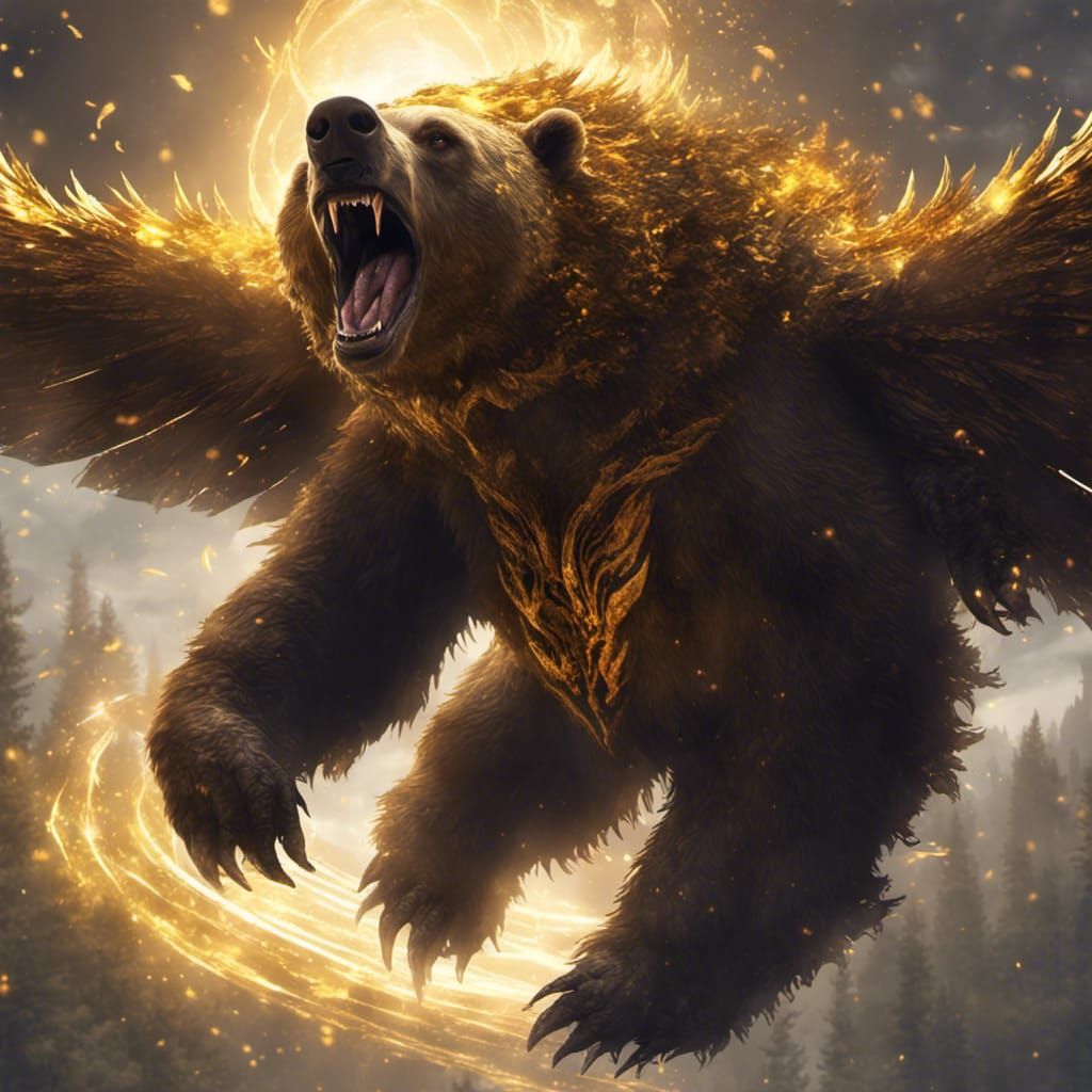 Winged Grizzly Bear in Dark Fantasy Style
