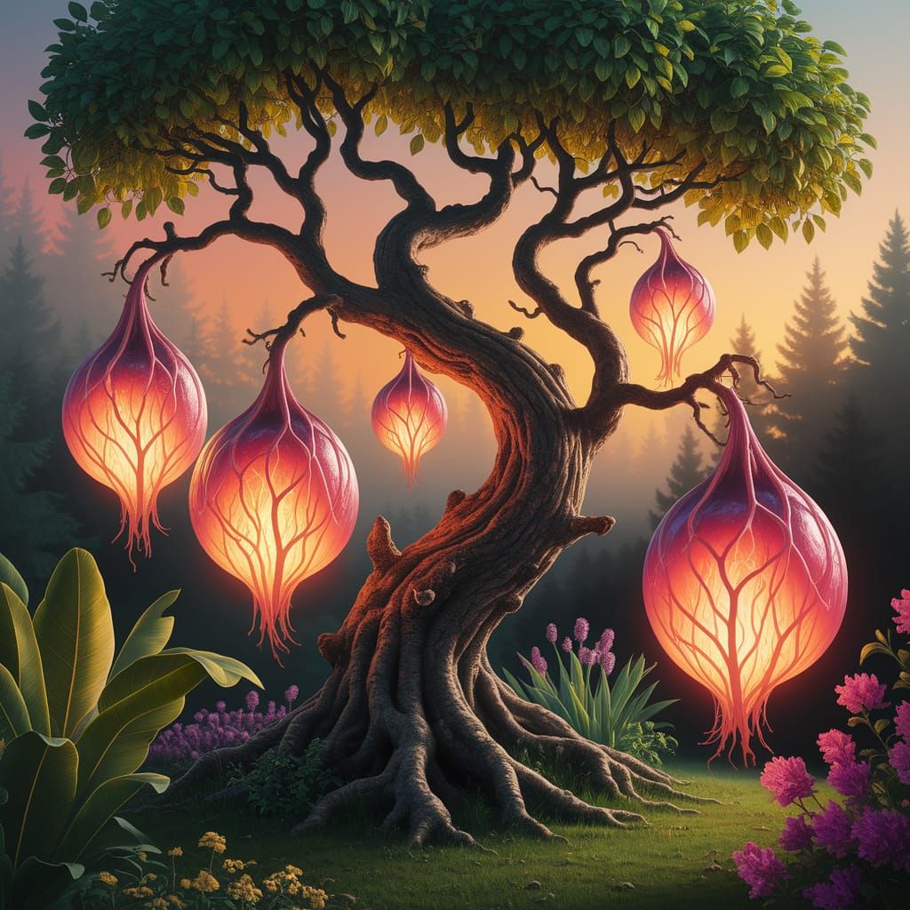 Surreal Botanical Garden Scene with Glowing Fruits