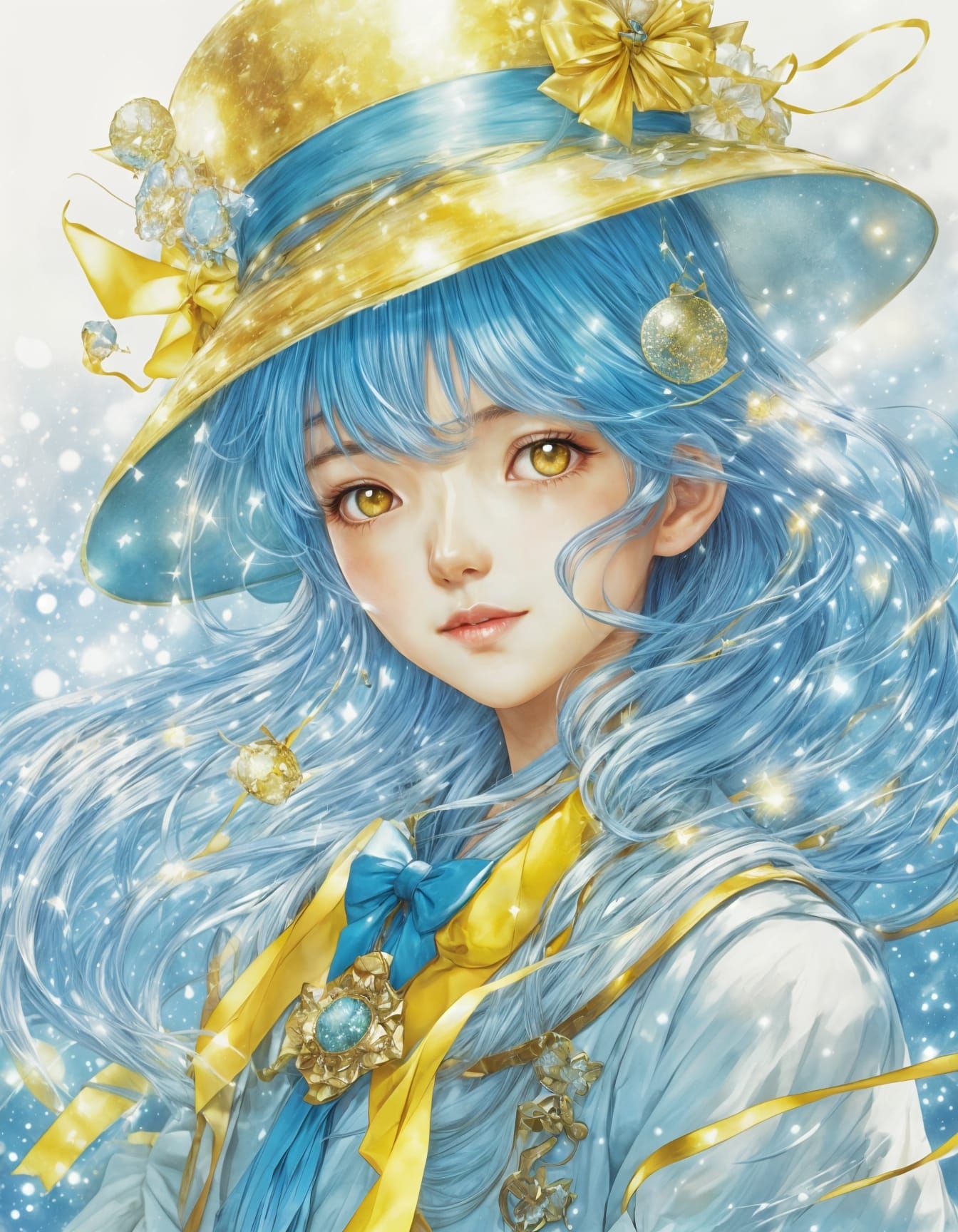 Anime Heroine in Vibrant Yellow Hat with Sparkling Light Blu...