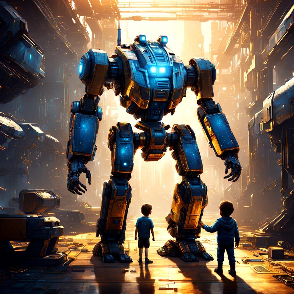 Large Robot and Child in Vibrant Sci-Fi Scene