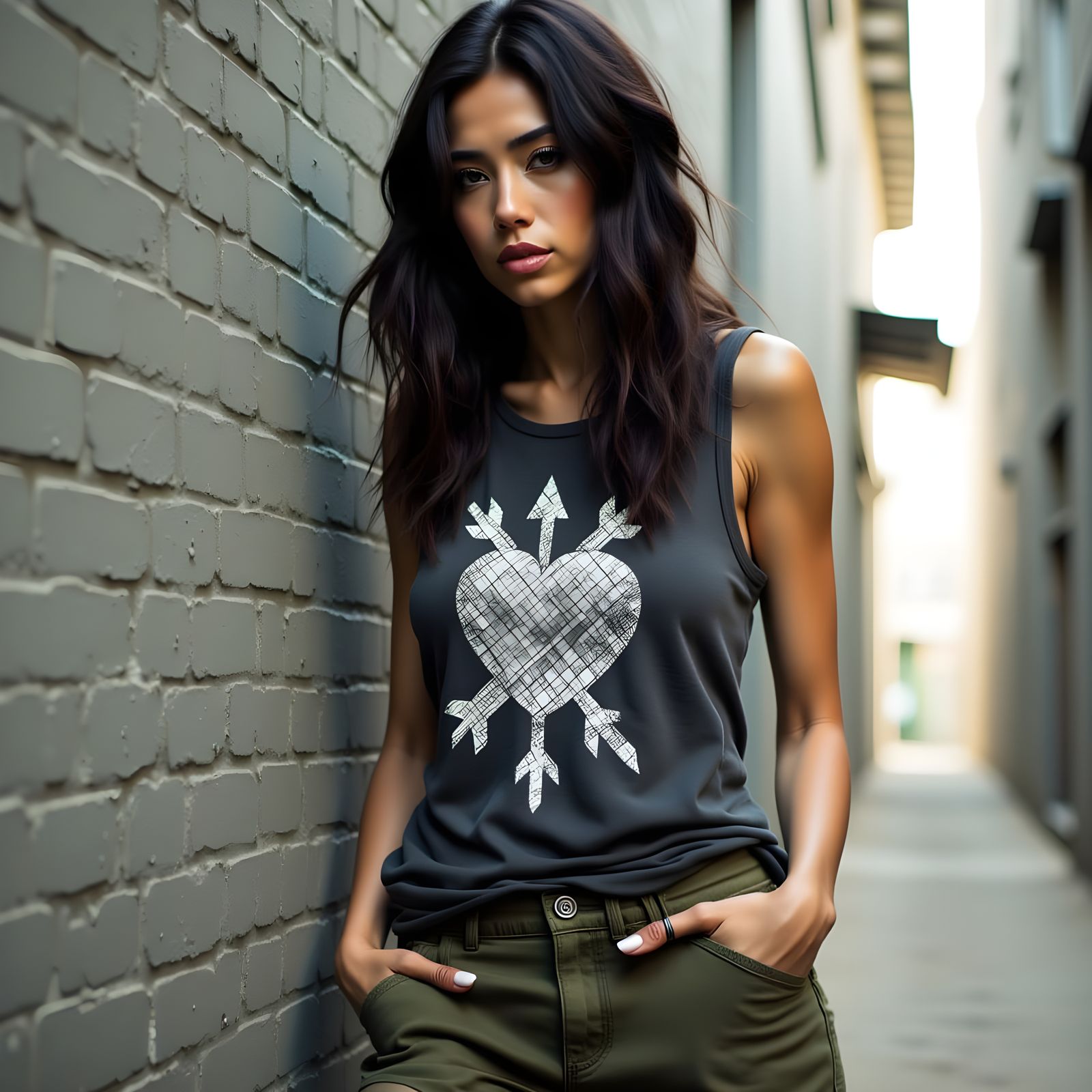 Trashpunk Woman Leans Against Weathered Brick Wall