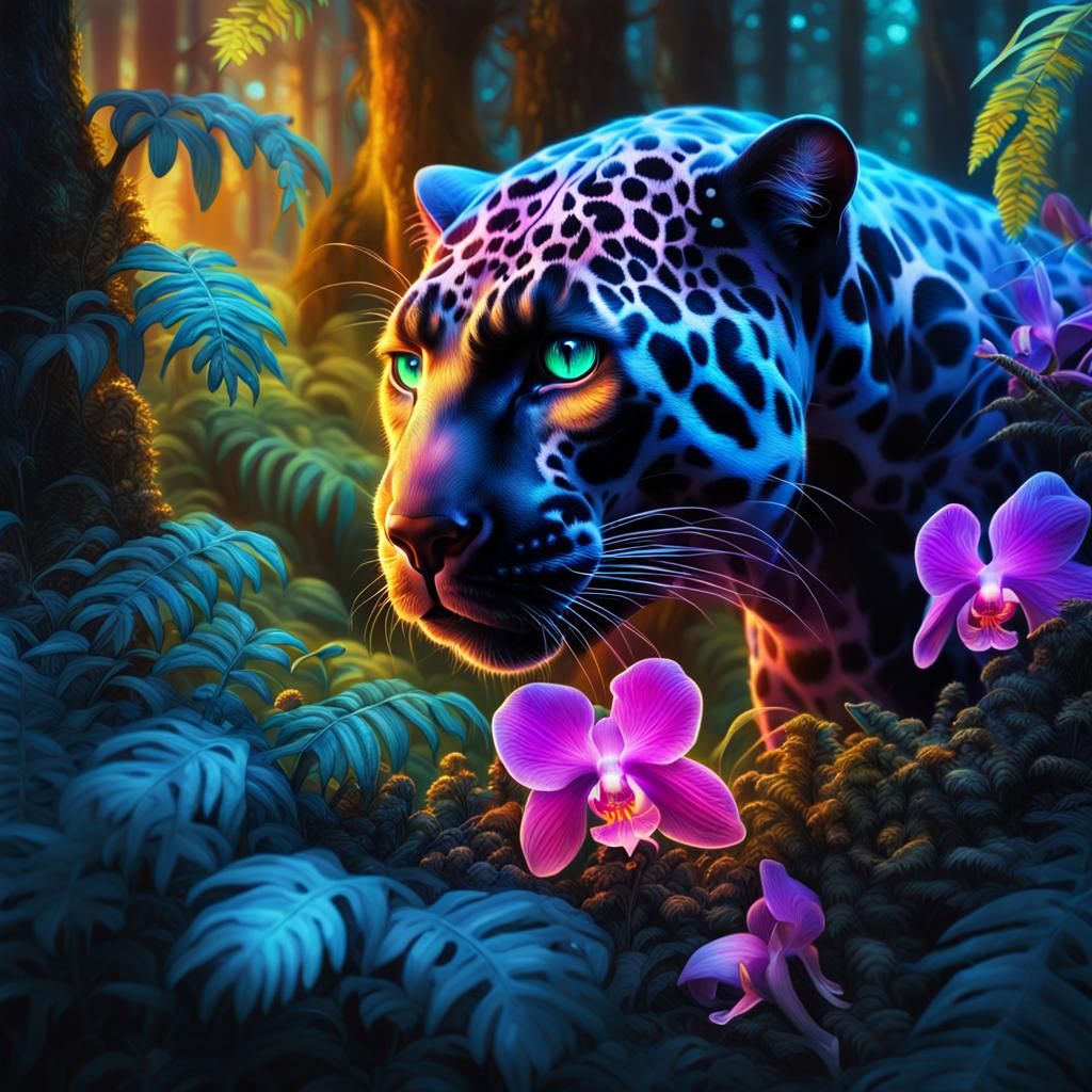 Fluorescent Panther in Glowing Mushroom Forest