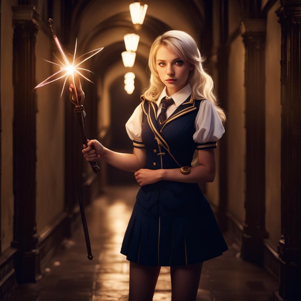 Blonde Schoolgirl with Wand in Castle Hallway