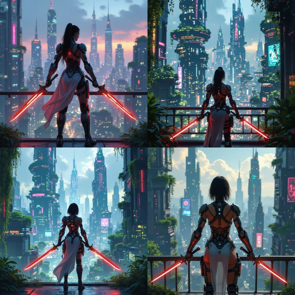 Cyberpunk Solarpunk City with Warrior and Neon Lights