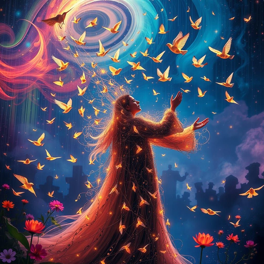 Ethereal Conductor Transforms into Musical Notes & Birds