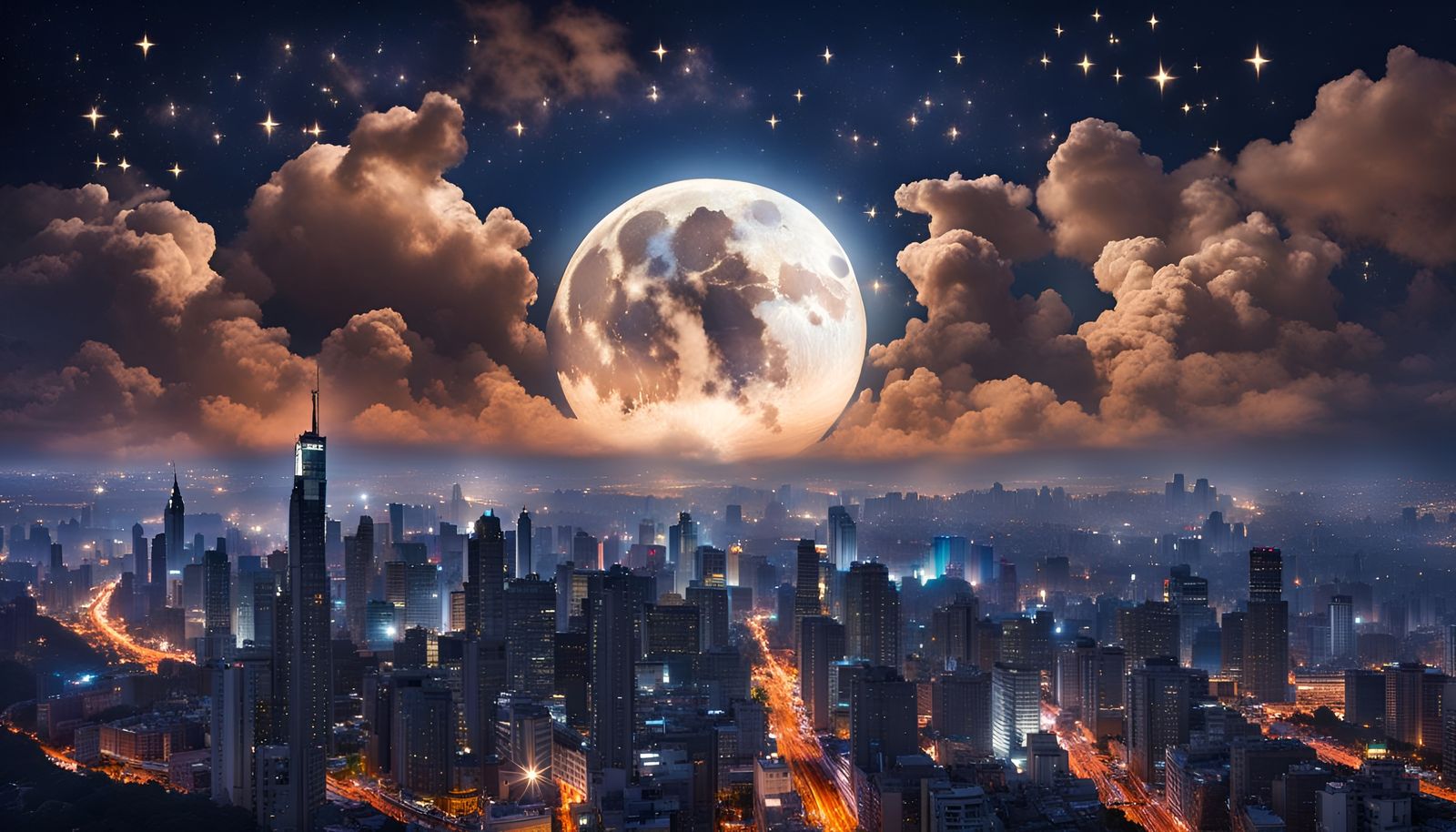Magical Night City Skyline with Stars and Moon