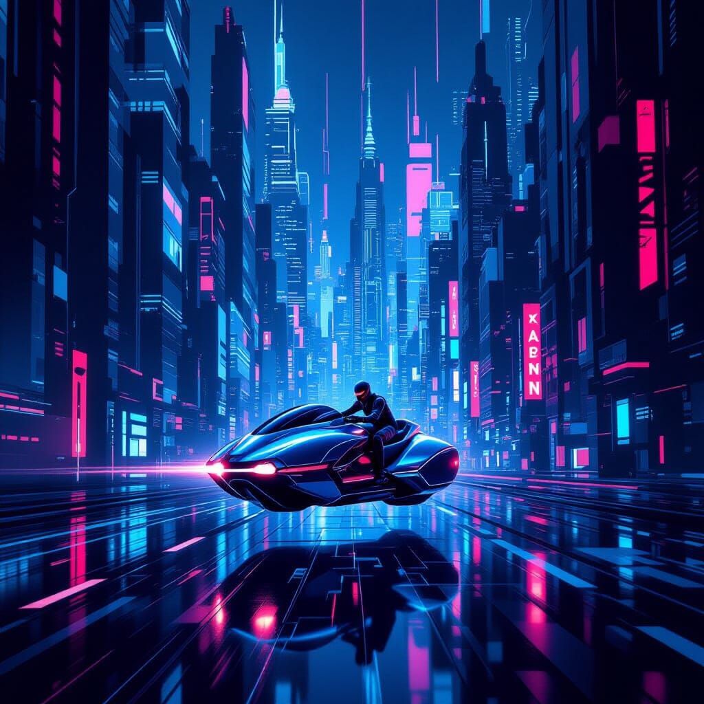 Futuristic Art Deco Cityscape with Hover-Bike