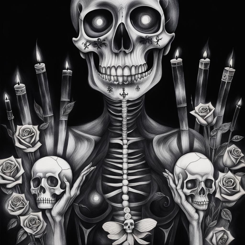 Surreal Crayon Drawing: Goth Woman in Darkness