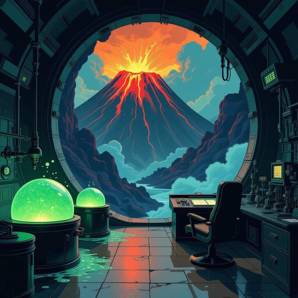 Art Deco Nouveau Volcano Lab with Glowing Vats