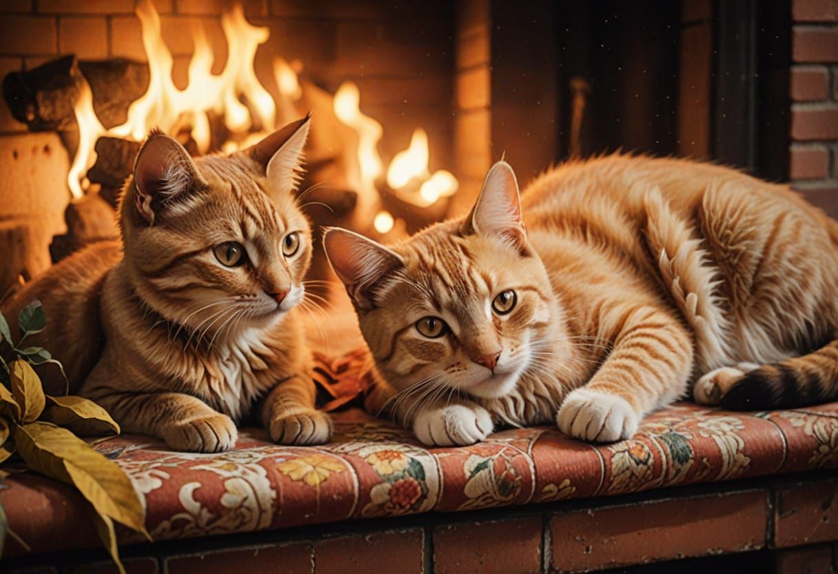 Whimsical Watercolor Scene of Cat and Dog in Front of Vintag...