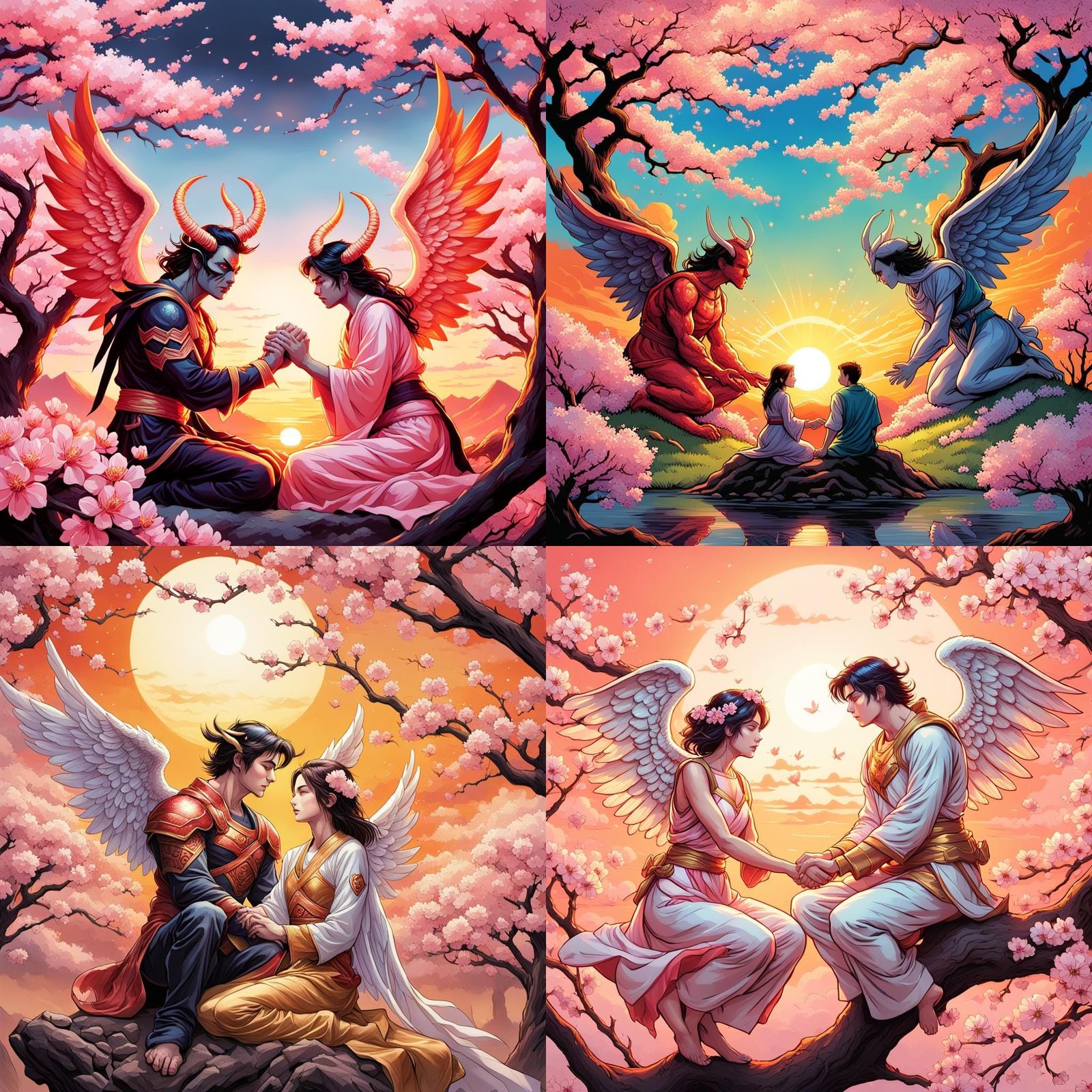 Angel and Demon Holding Hands Under Cherry Blossoms