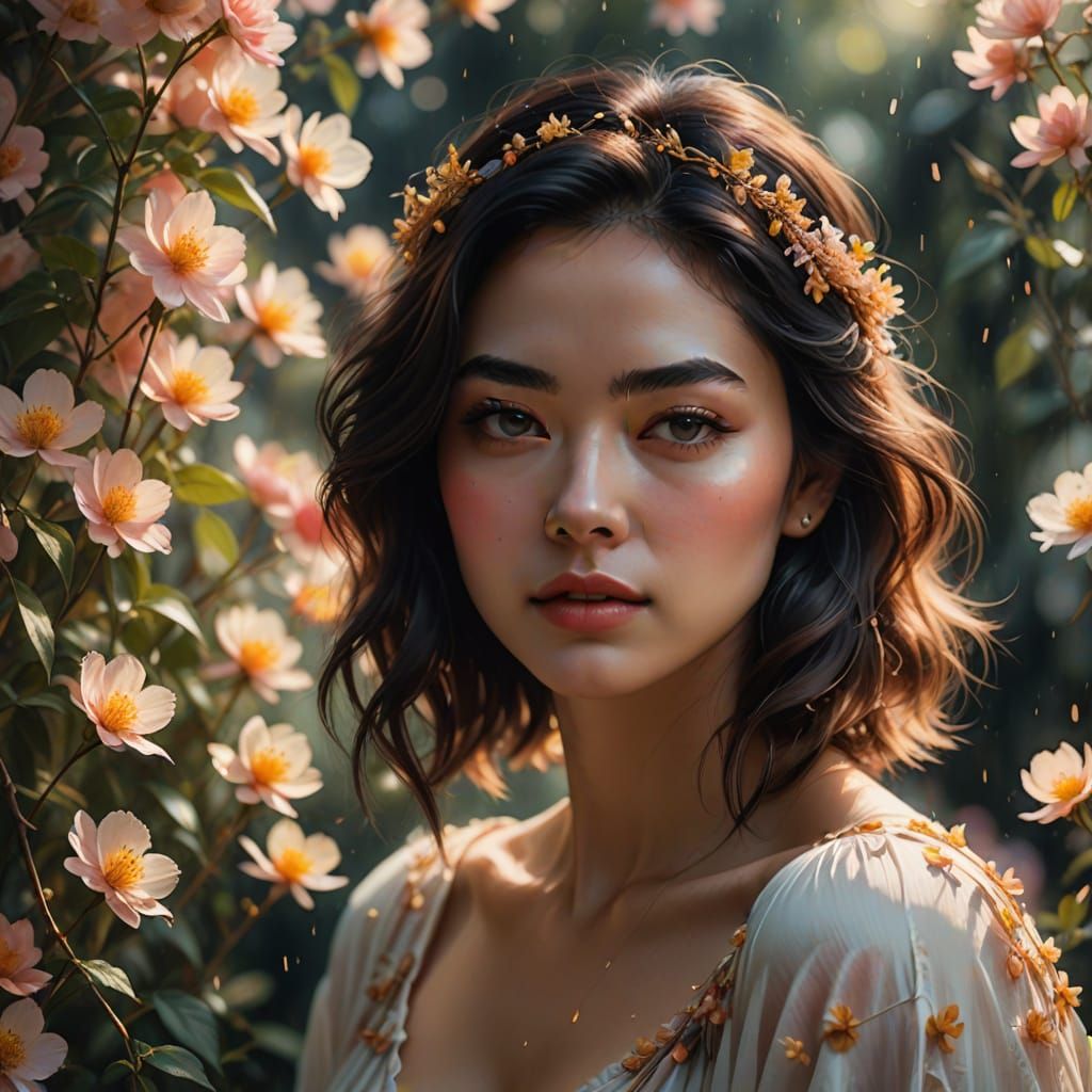 Hyper-Realistic Digital Art: Young Woman in Ethereal Bloom