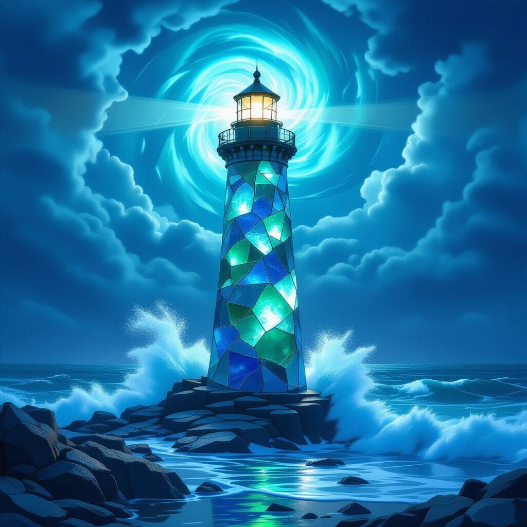 Sea Glass Lighthouse with Moonlight Beam