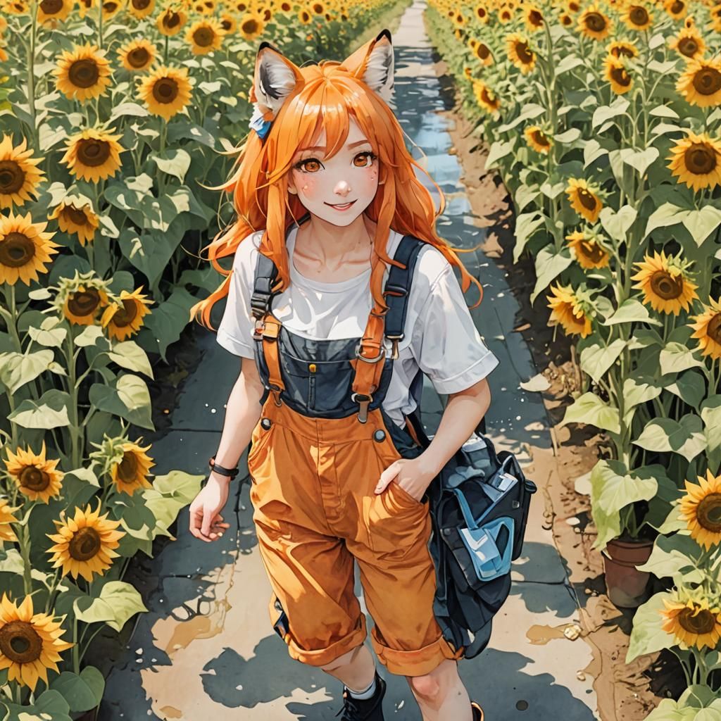 Watercolor Fox-Girl with Braided Hair and Sunflowers