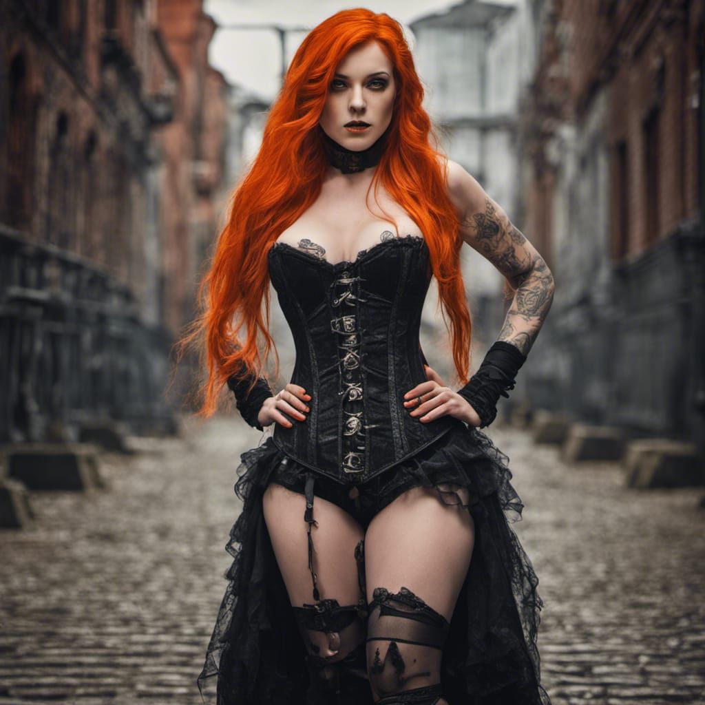 Hyperrealistic Goth Babe with Long Orange Hair