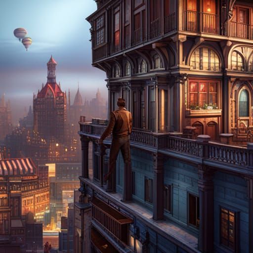 Steampunk City View with Blimps, Hyperdetailed Concept Art
