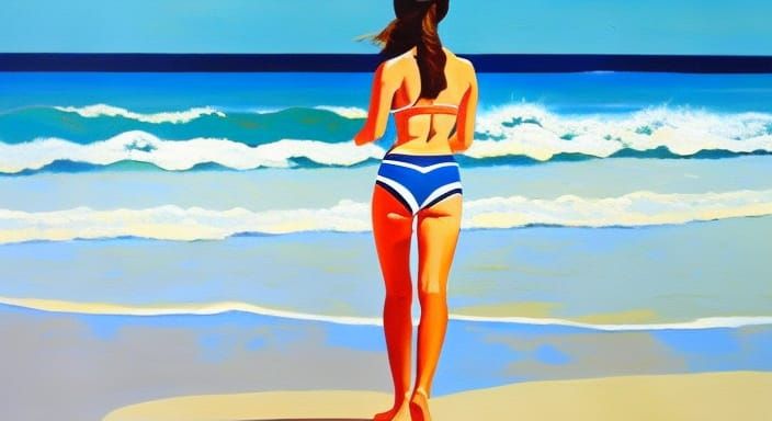 1960s Woman on Beach, Acrylic Painting