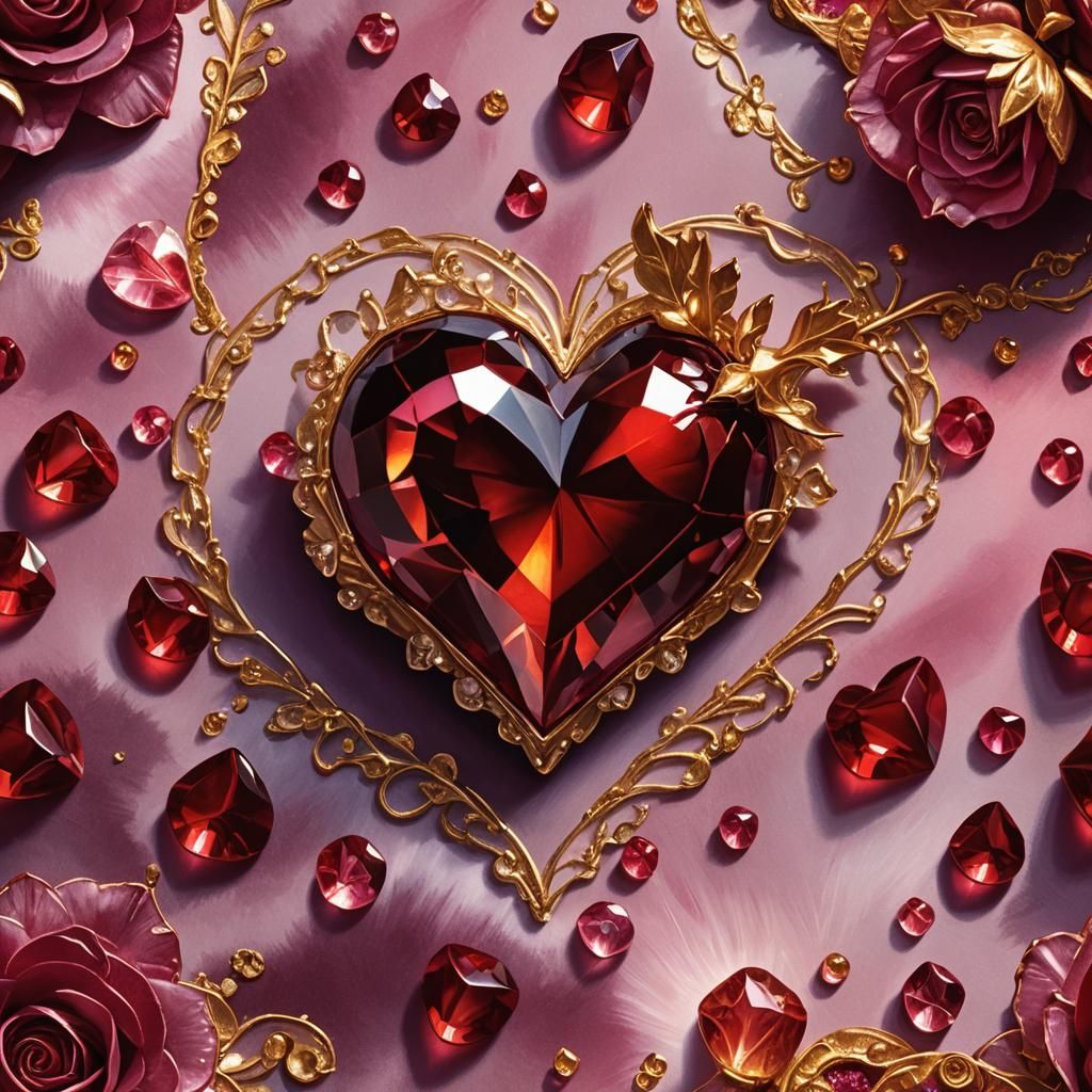 Crystal Heart and Rose in Vibrant Oil Painting