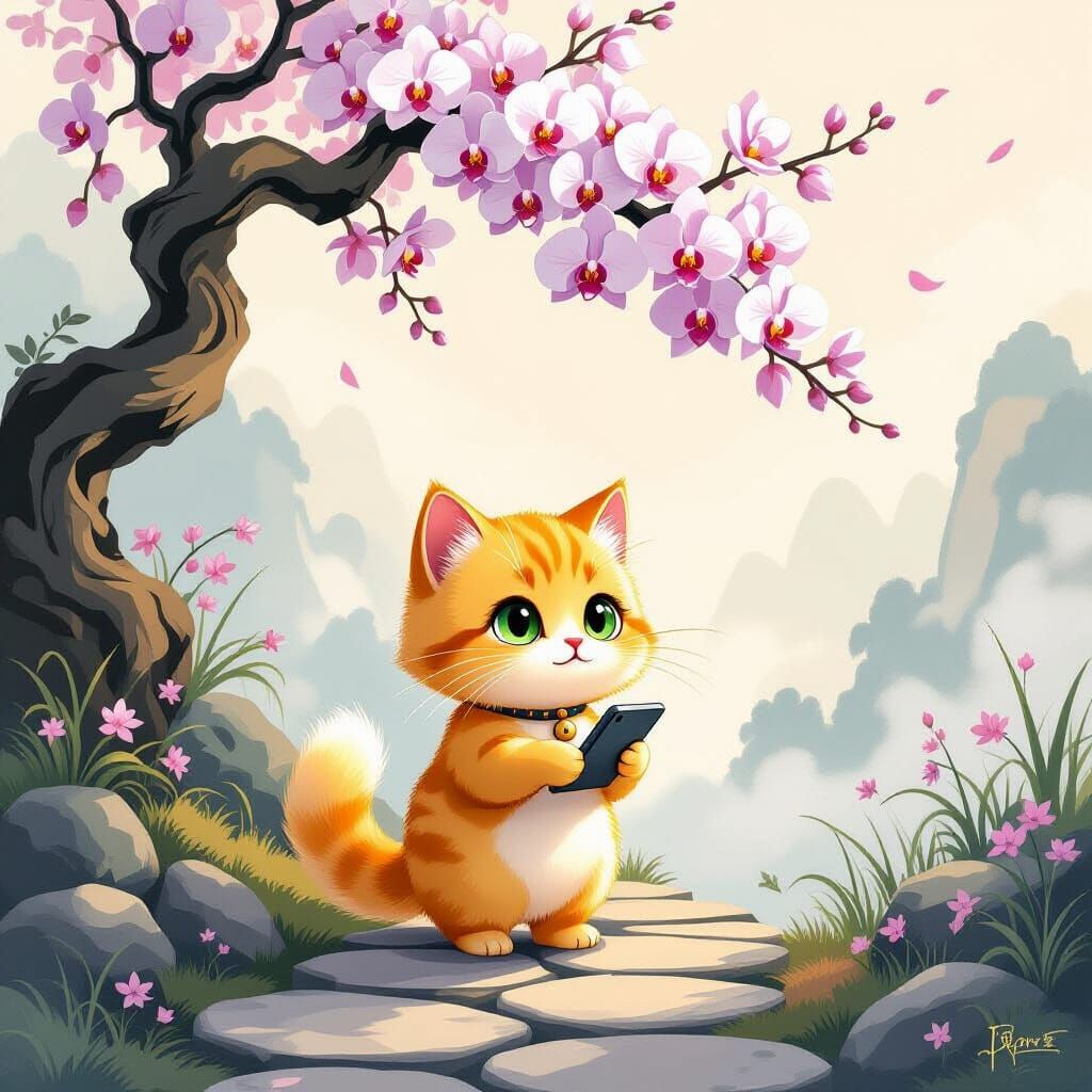 Surprised Golden Cat in East Asian Landscape