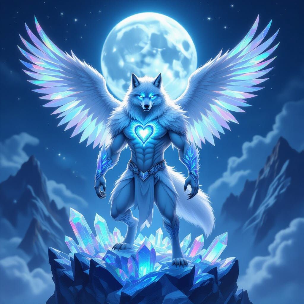Werewolf Ice Phoenix on Crystal Platform Under Skull Moon