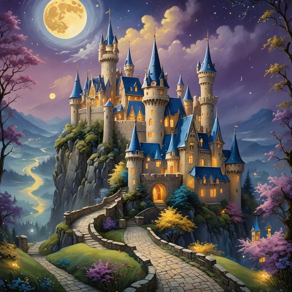 Enchanting Castle with Moon, Fantasy Art