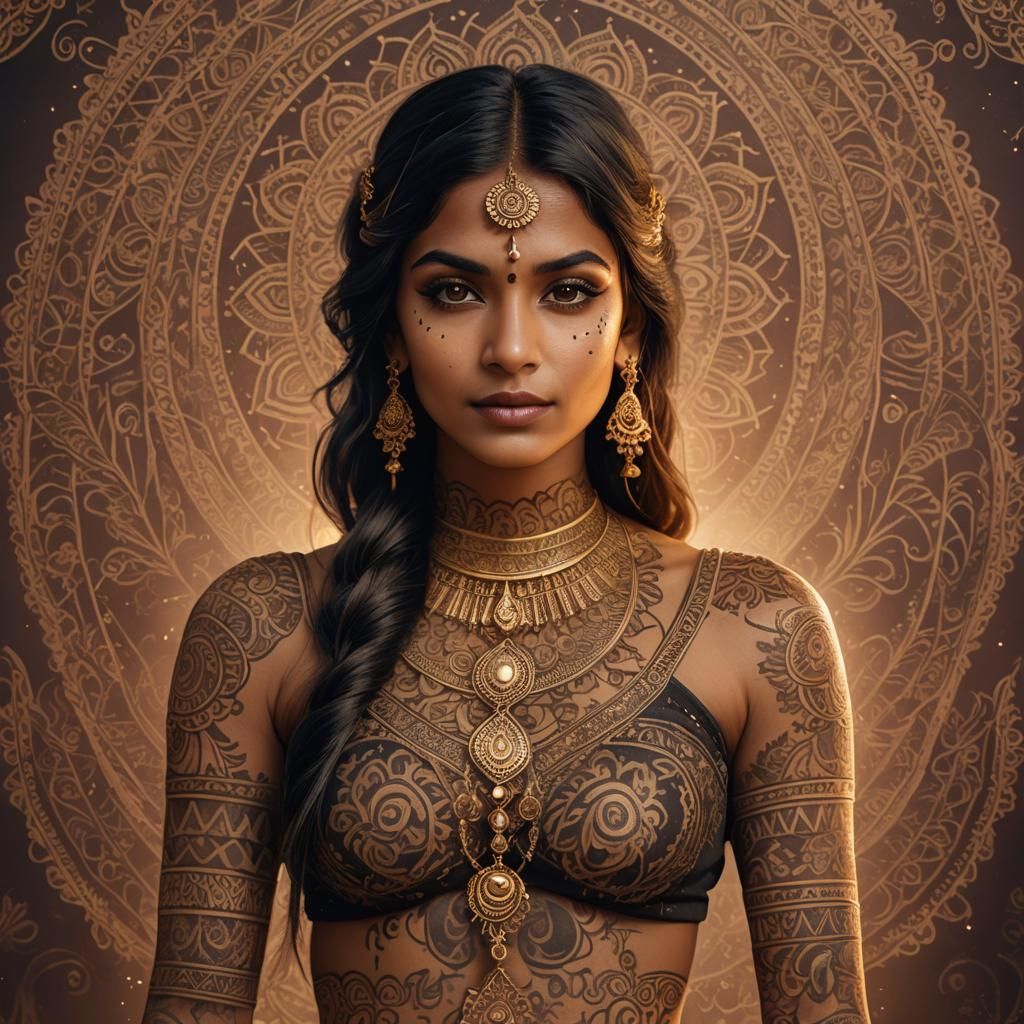 Indian Woman with Tattoos in Boho Style
