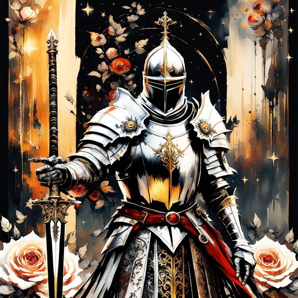 Gothic Knight with Enchanted Sword Under Starry Sky