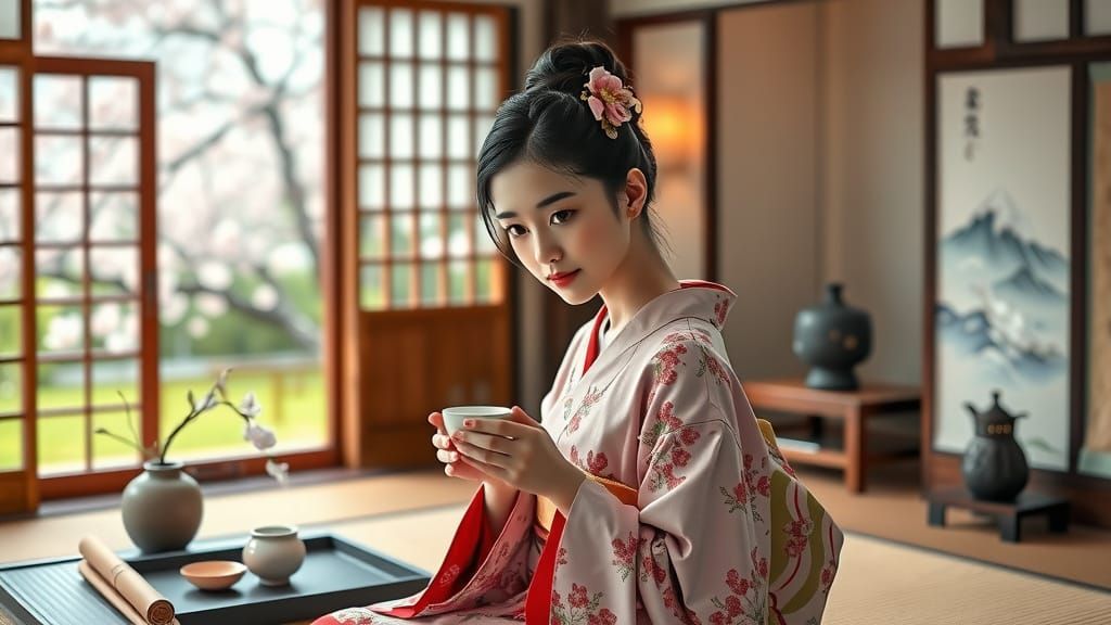 Serenely Elegant Geisha in Traditional Japanese Tea Ceremony...